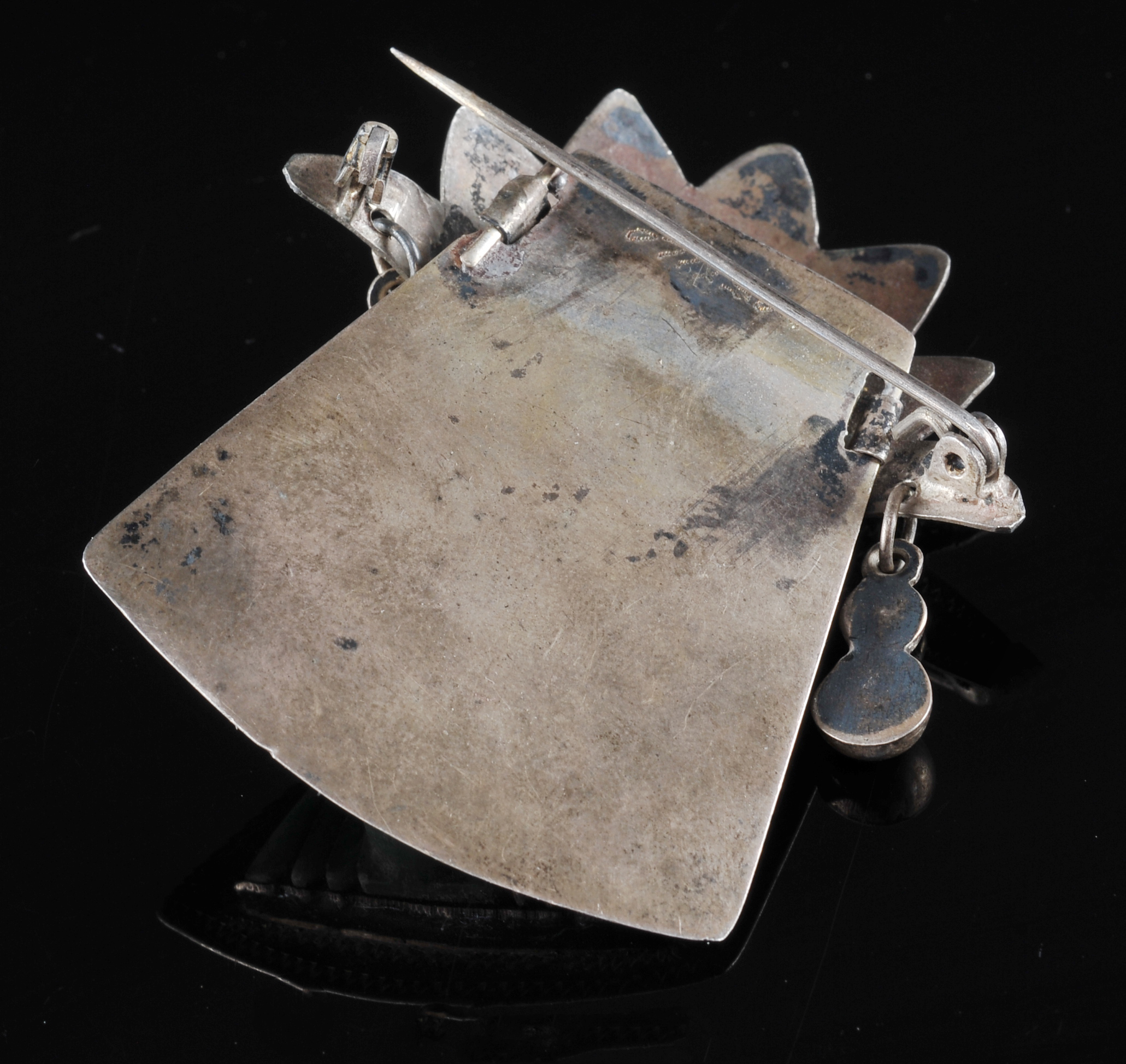 Mexican Silver Aztec Brooch With Carved Aventurine 