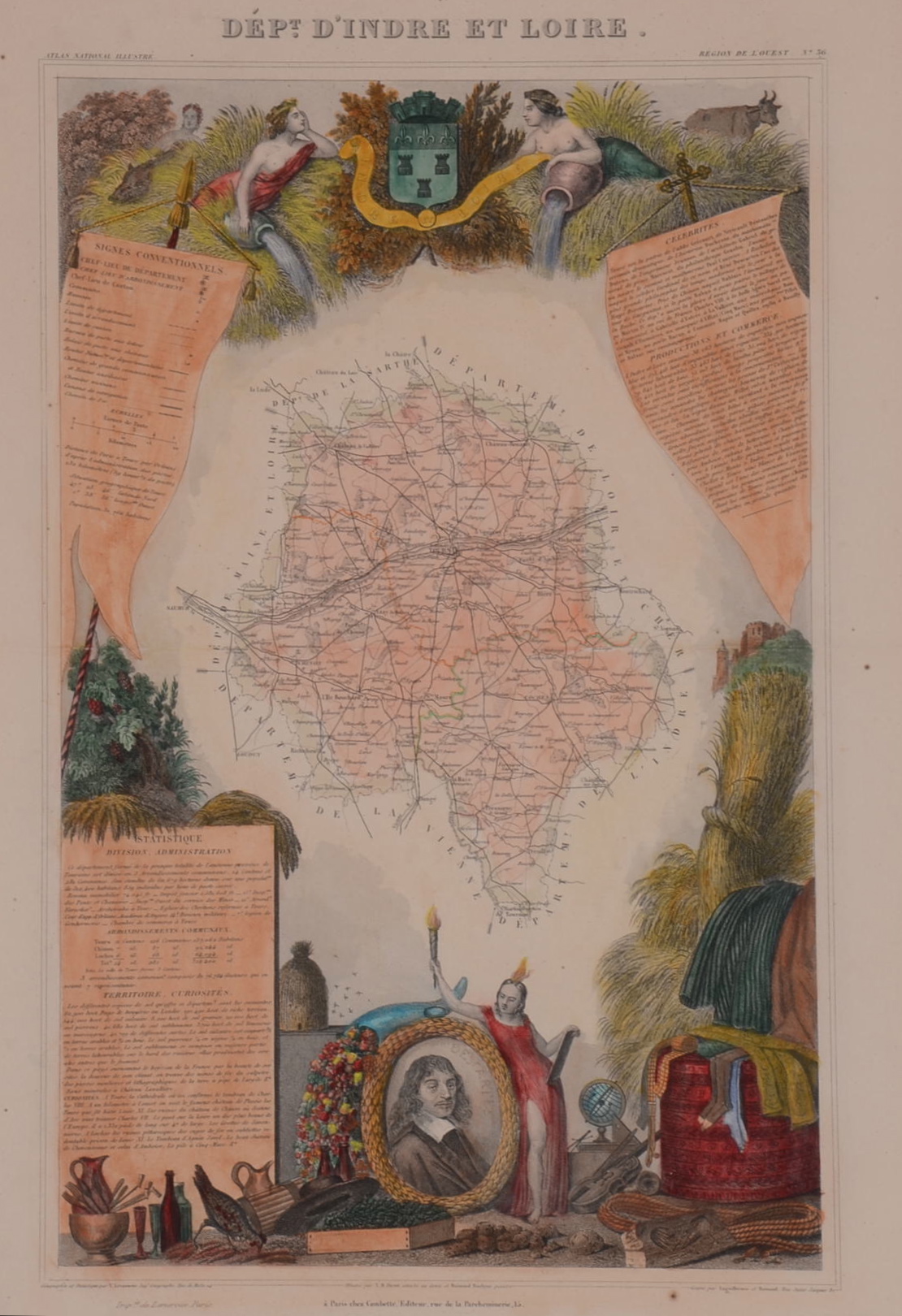 Dept. D'Indre et Loire 1854 Steel Engraved Map