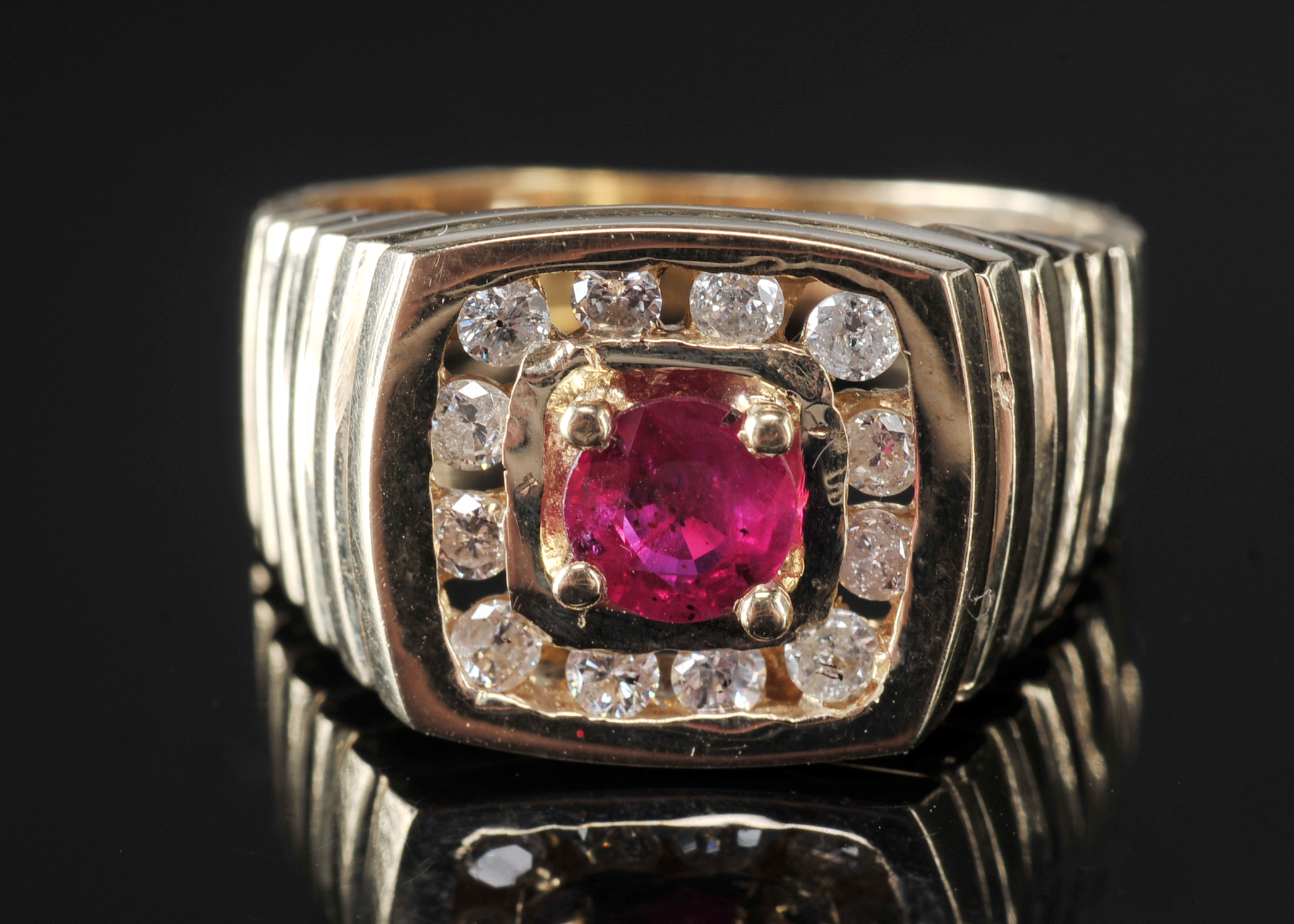 Gentleman's 14K Yellow Gold Ruby and Diamond Ring