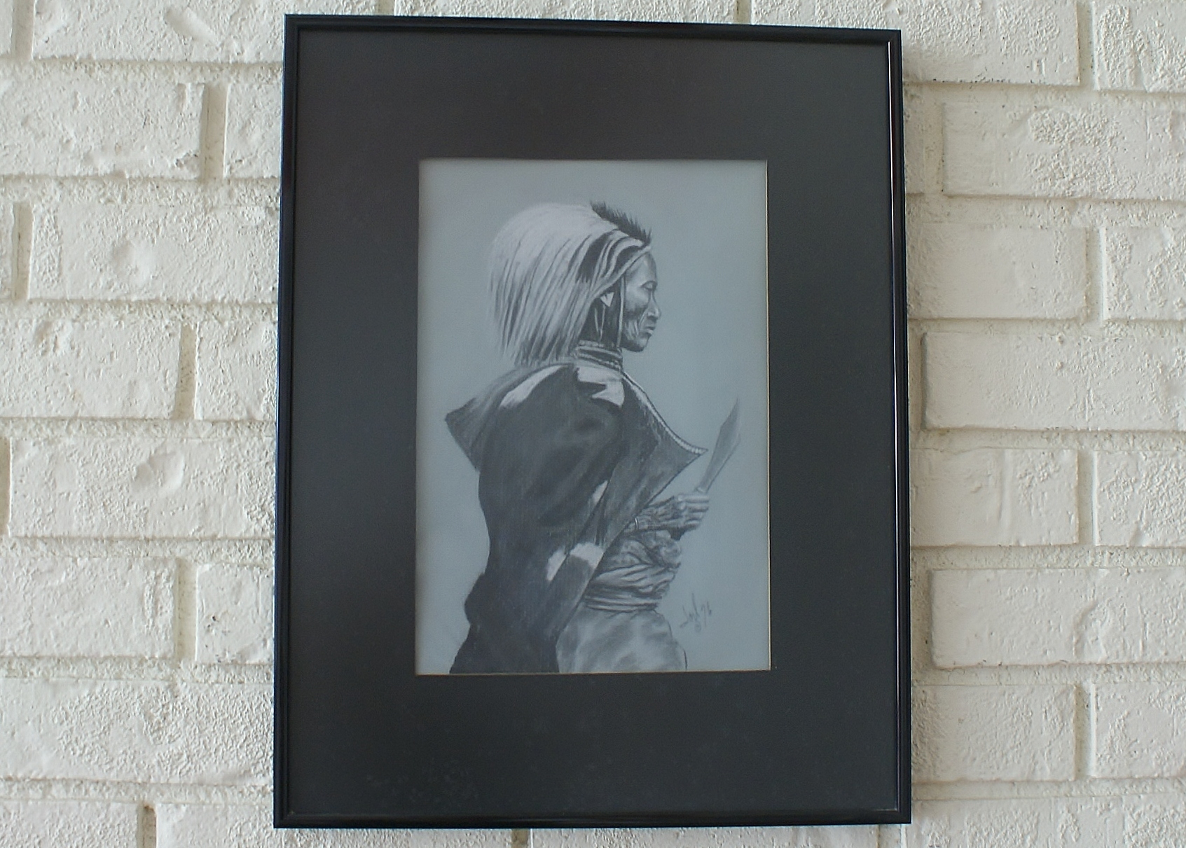 Original Charcoal Of Native American W/ Knife