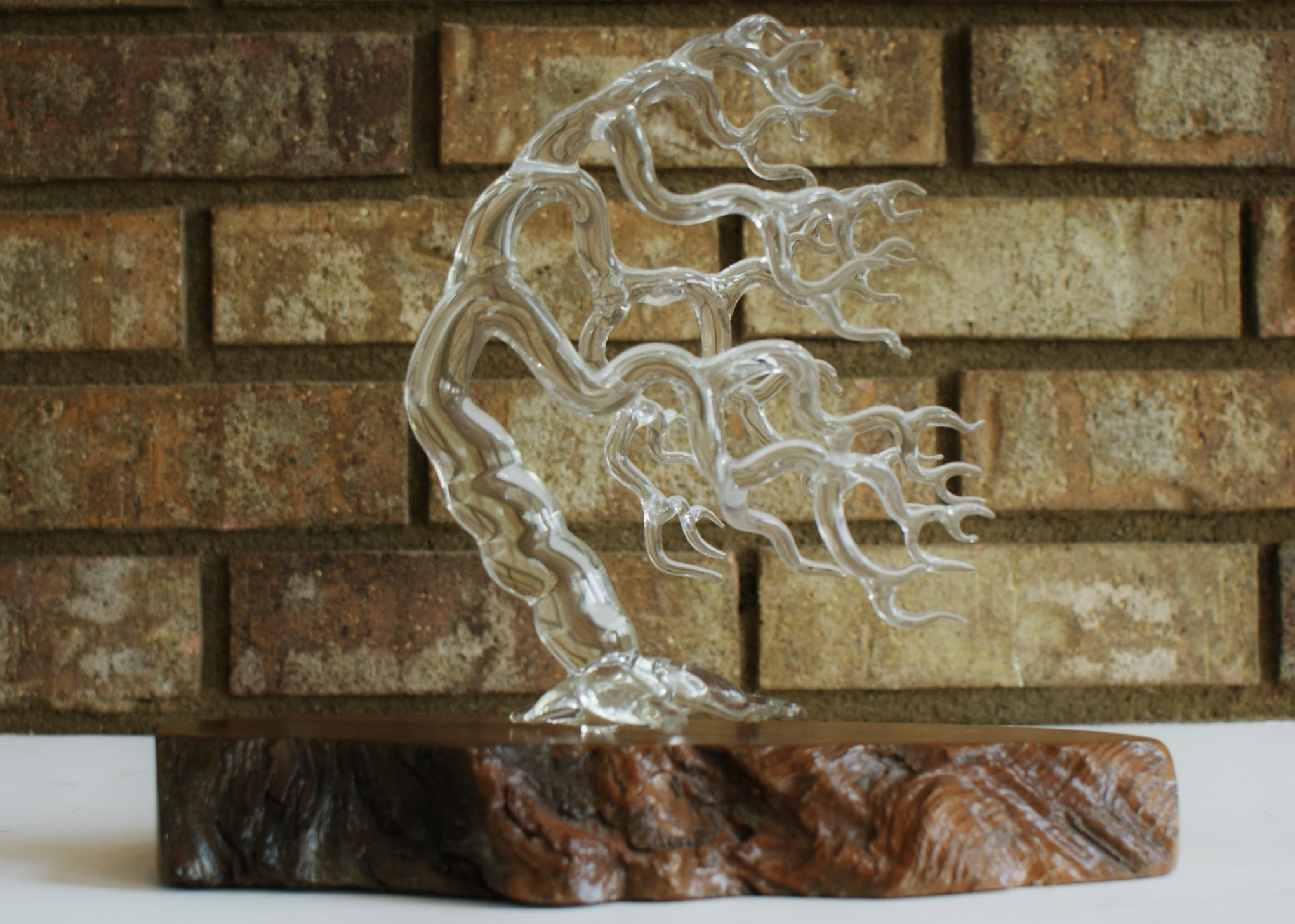 Blown Glass Tree Atop Burl Wood Base