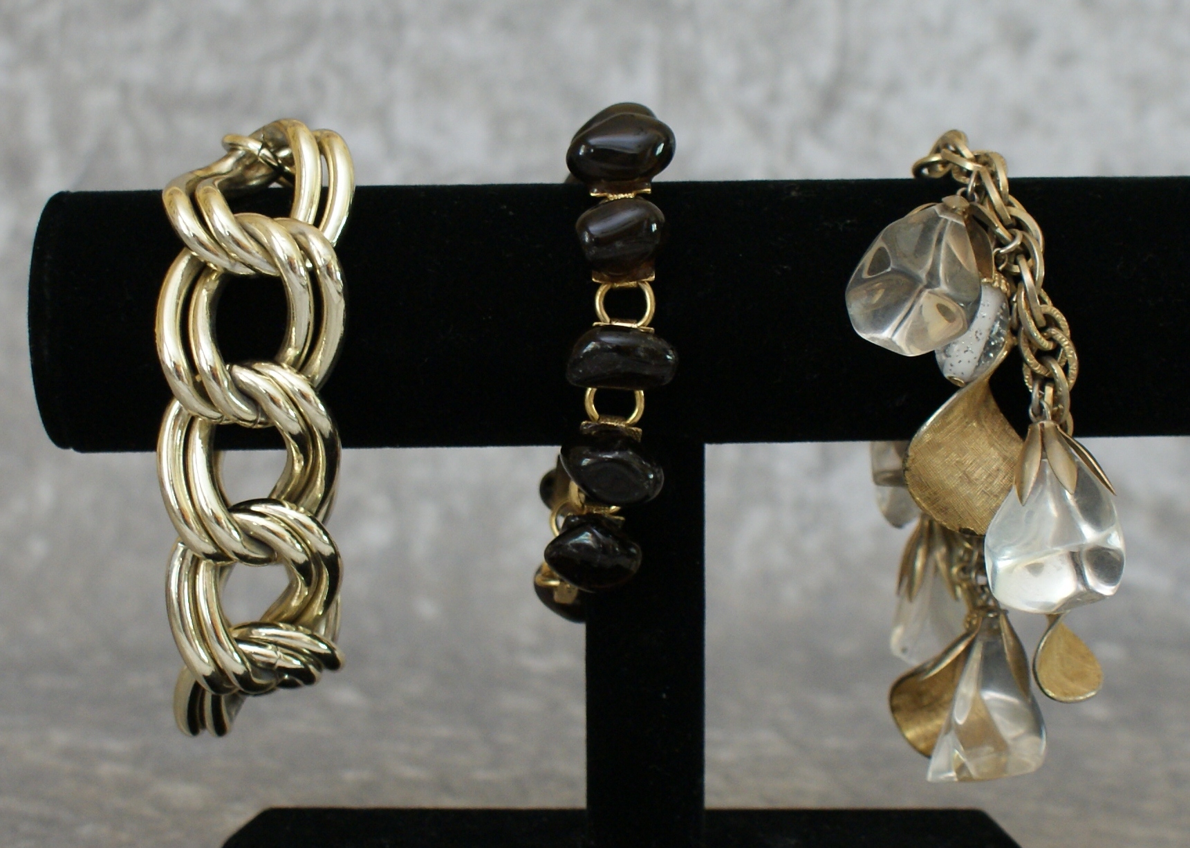 (3) 1960's Bracelets Lucite, Black Glass, Gold Link