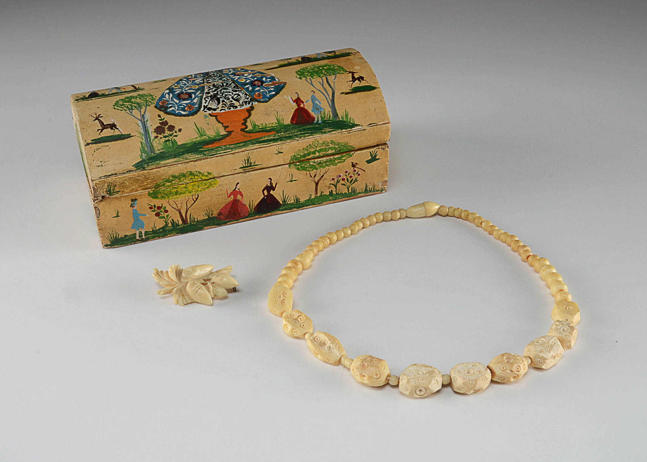 Mexican Handpainted 'Our Lady of Guadalupe' Box And Handcarved Bone Necklace