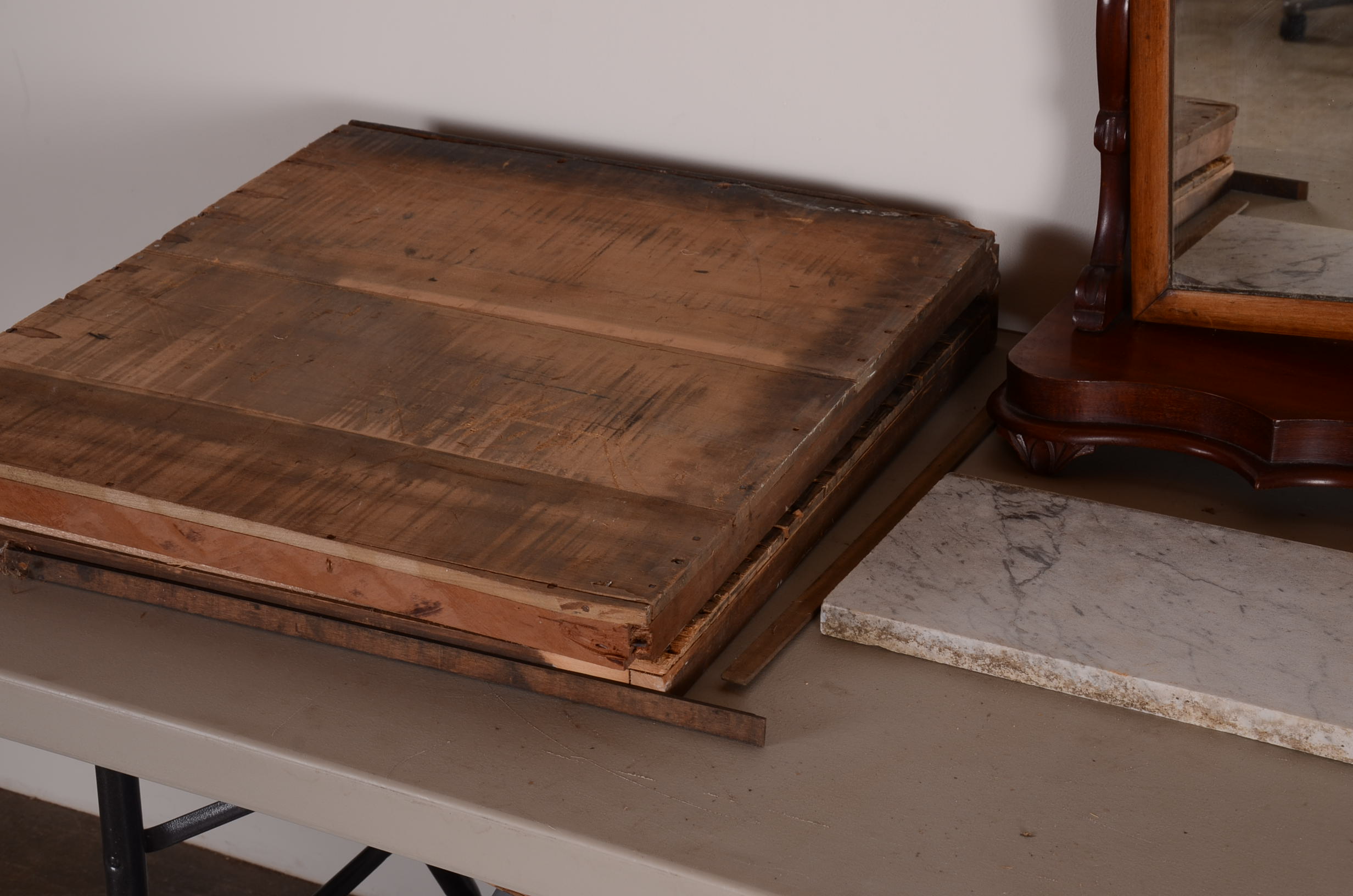 Table Mirror and Various Wood Pieces, Marble Slab