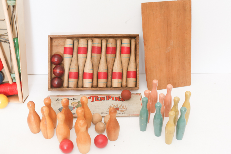 Vintage Wood Ten Pin Bowling Set & More