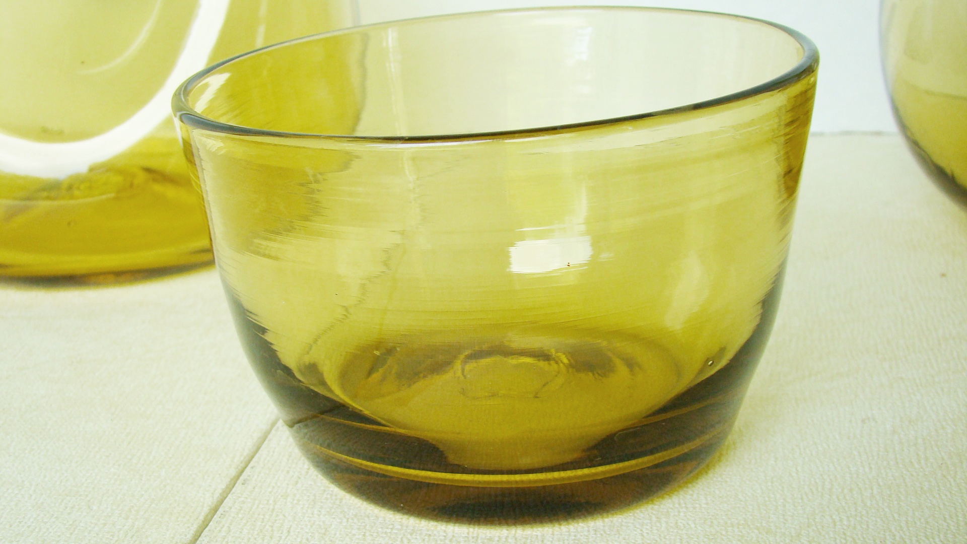 2 Antique Vintage, Hand Blown Amber Glass Vases and 2 Amber Glass Bowls.