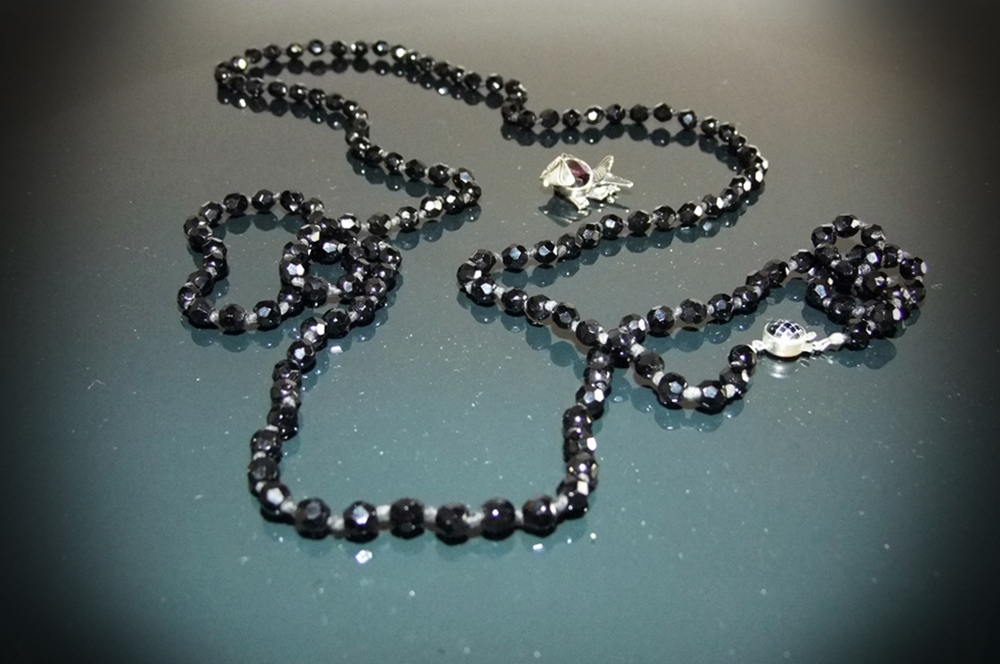 Austrian 52"  Jet Black Crystal Beaded Necklace And Danecraft Sterling Brooch