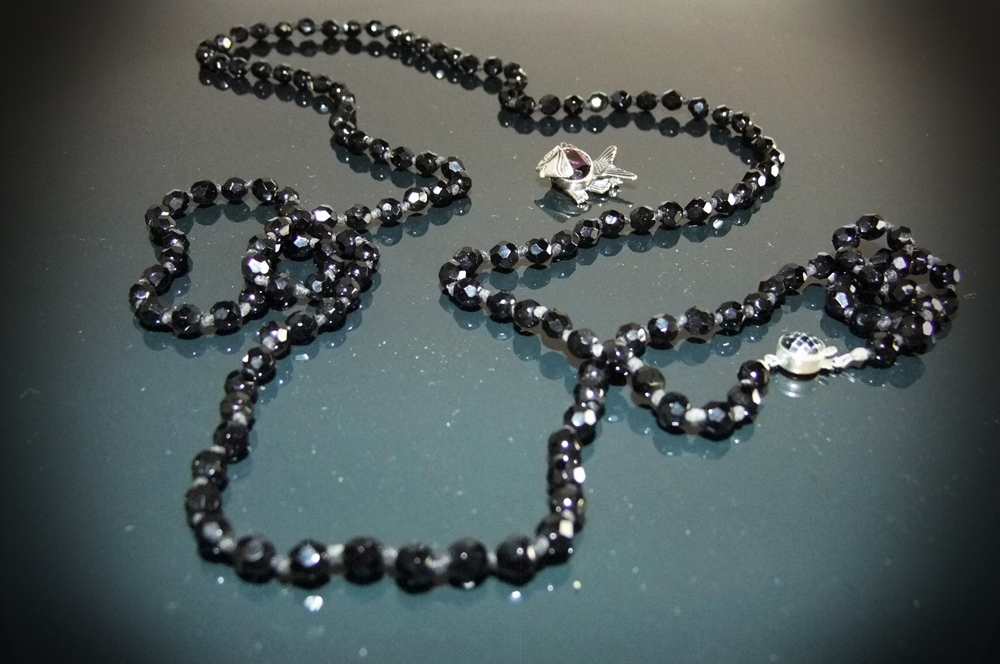 Austrian 52"  Jet Black Crystal Beaded Necklace And Danecraft Sterling Brooch