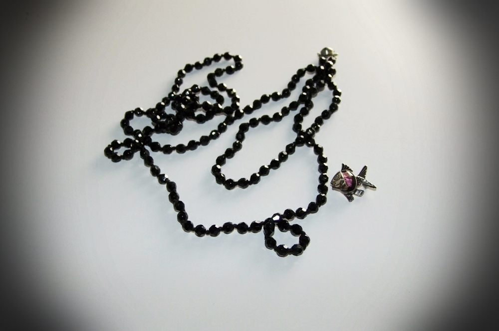 Austrian 52"  Jet Black Crystal Beaded Necklace And Danecraft Sterling Brooch