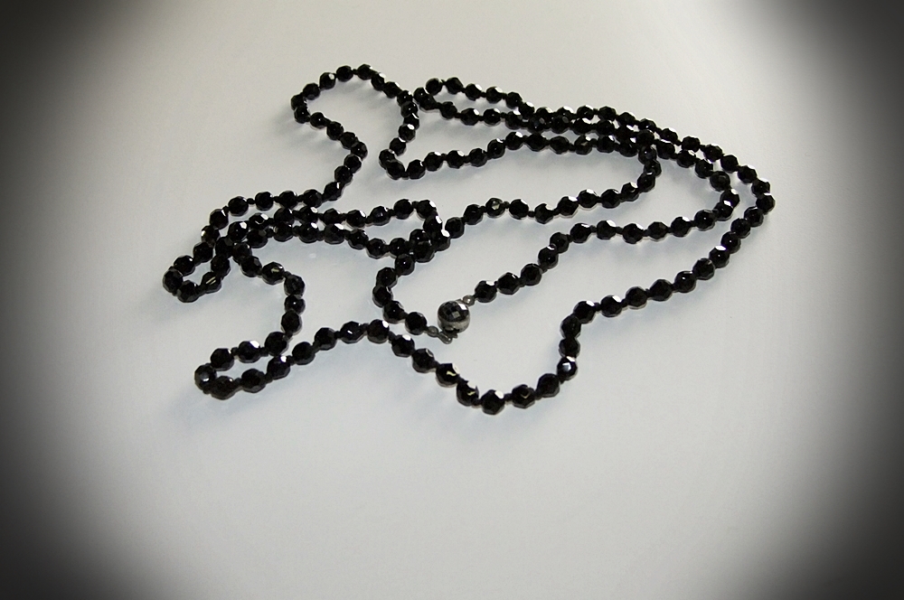 Austrian 52"  Jet Black Crystal Beaded Necklace And Danecraft Sterling Brooch