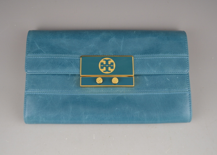 Tory Burch Turqouise Blue Leather Logo Clutch
