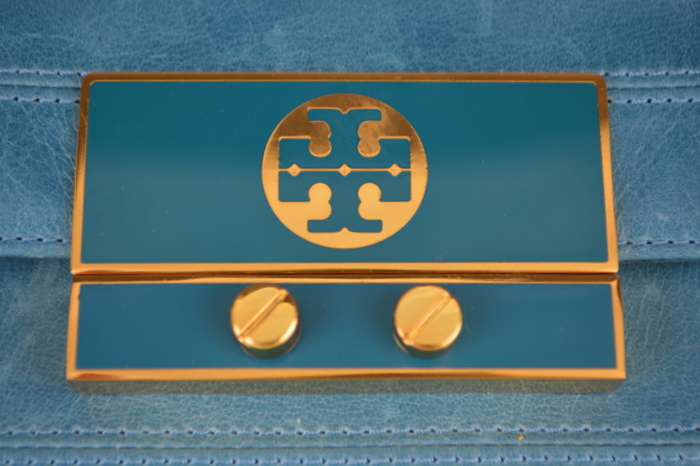 Tory Burch Turqouise Blue Leather Logo Clutch