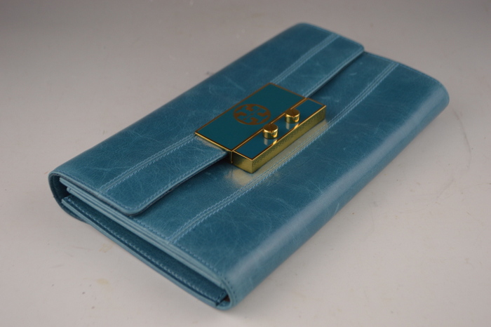 Tory Burch Turqouise Blue Leather Logo Clutch