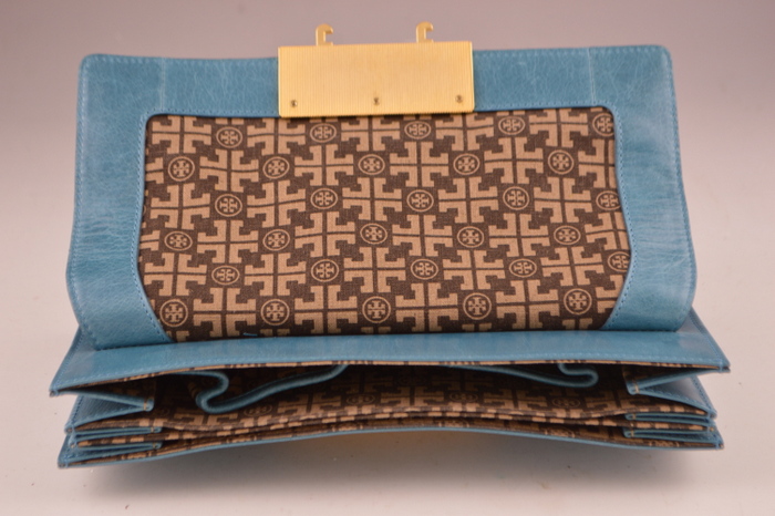 Tory Burch Turqouise Blue Leather Logo Clutch