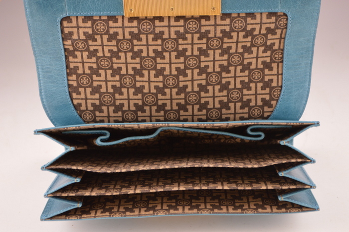 Tory Burch Turqouise Blue Leather Logo Clutch