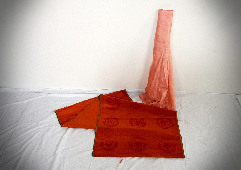 Bolt of Vintage Brocade Style fabric in Salmon Peach with Cherry Blossoms