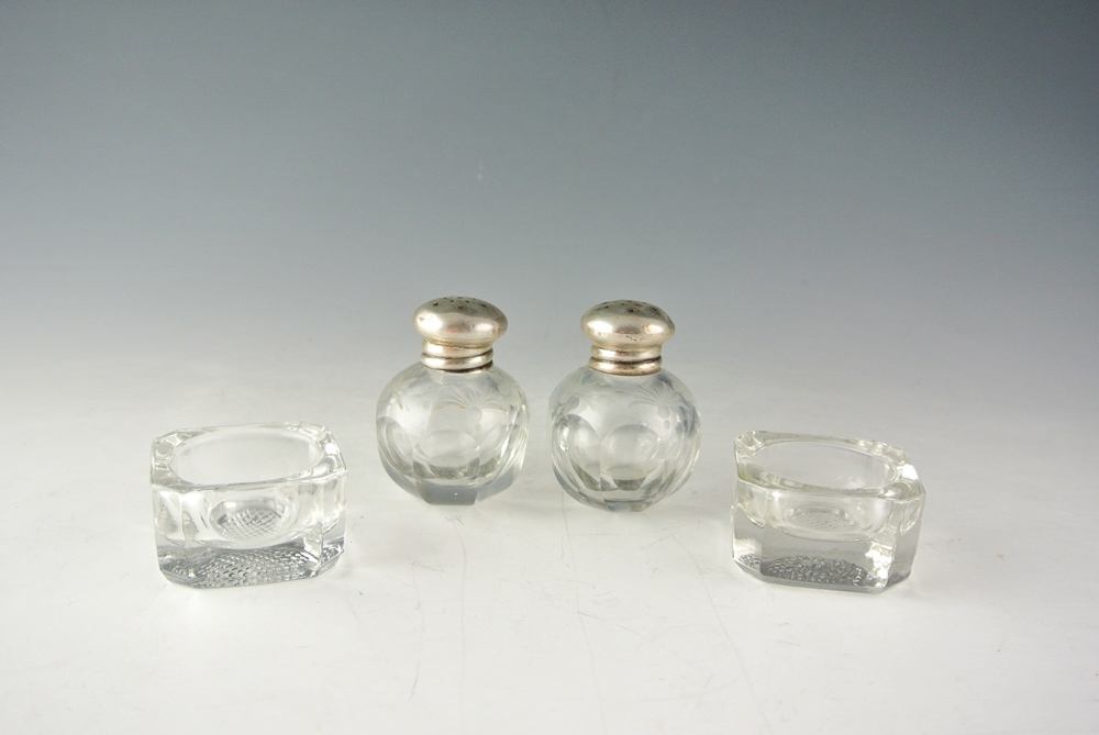 Antique Sterling Capped Salt & Pepper with Salt Cellars