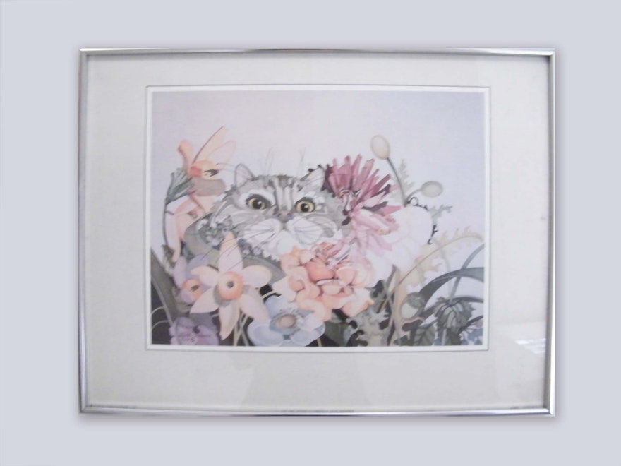 'Cat and Spring Flowers' Print