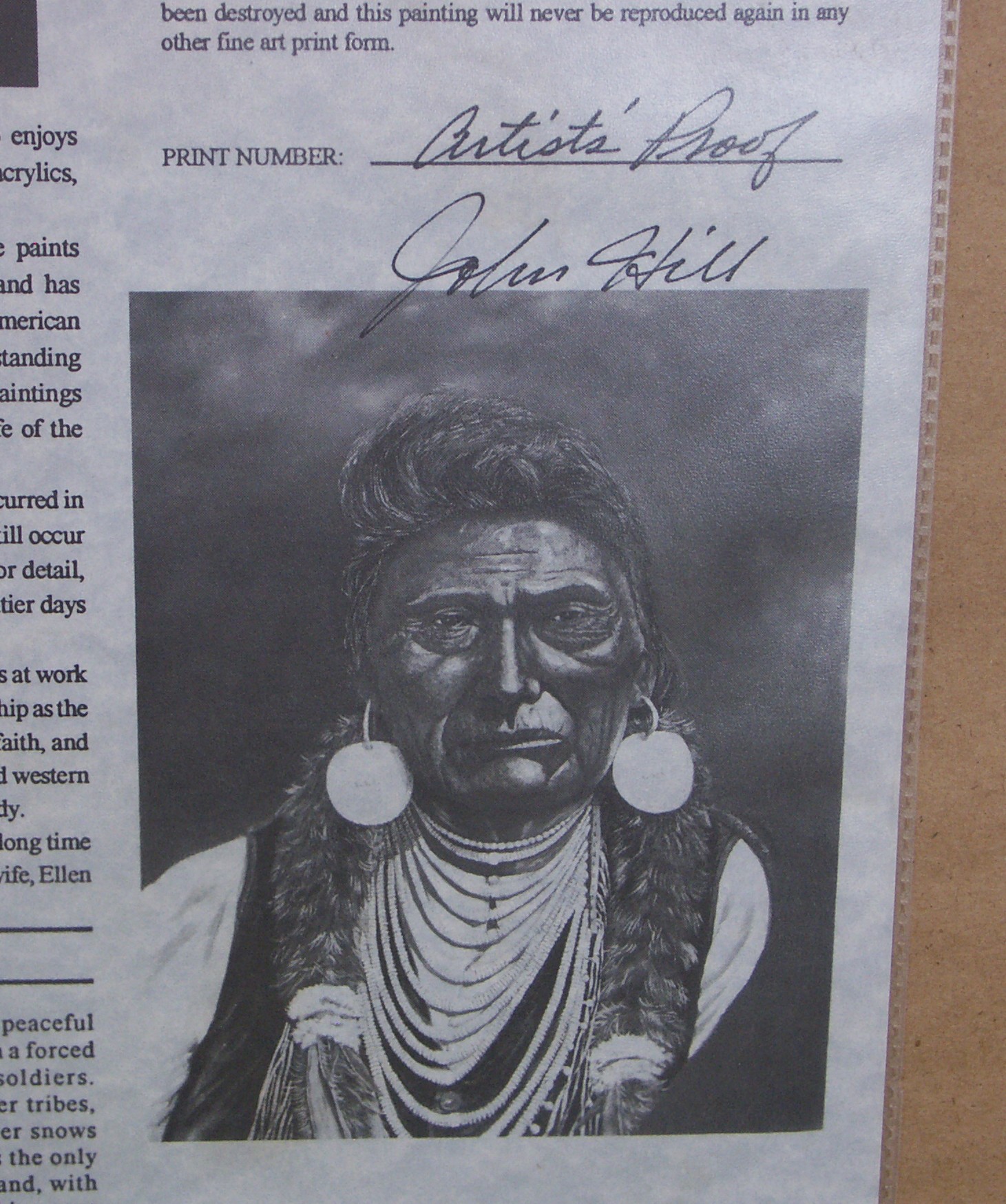 John W. Hill Framed Lithograph "Chief Joseph" Signed Artist Proof