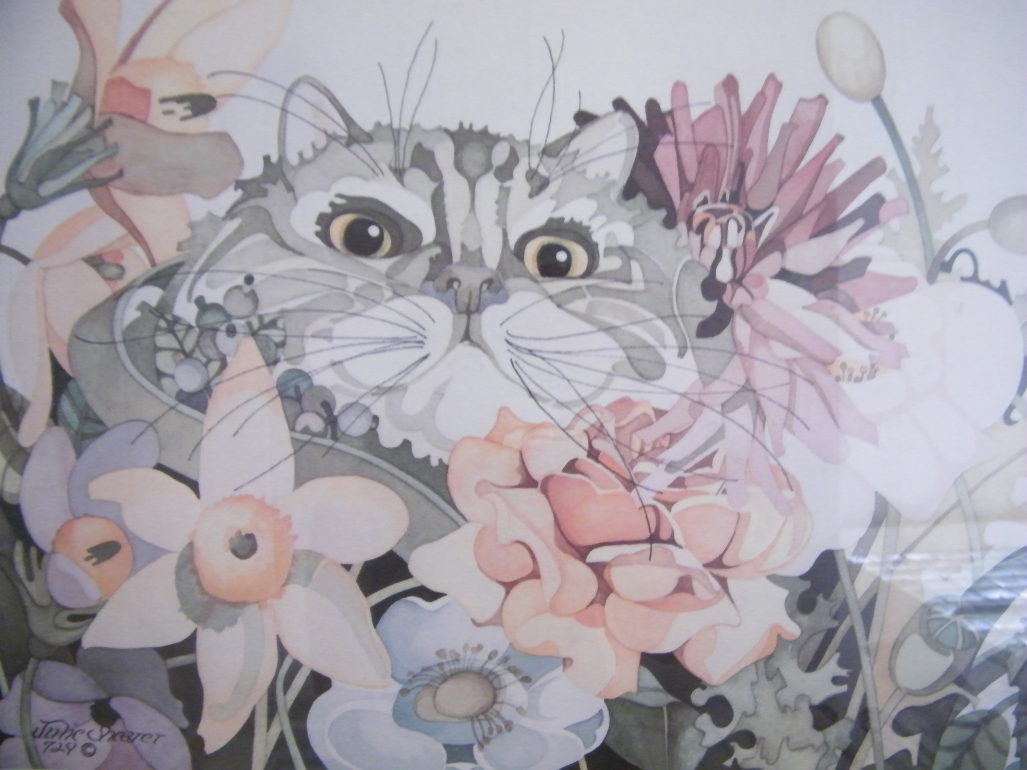 'Cat and Spring Flowers' Print