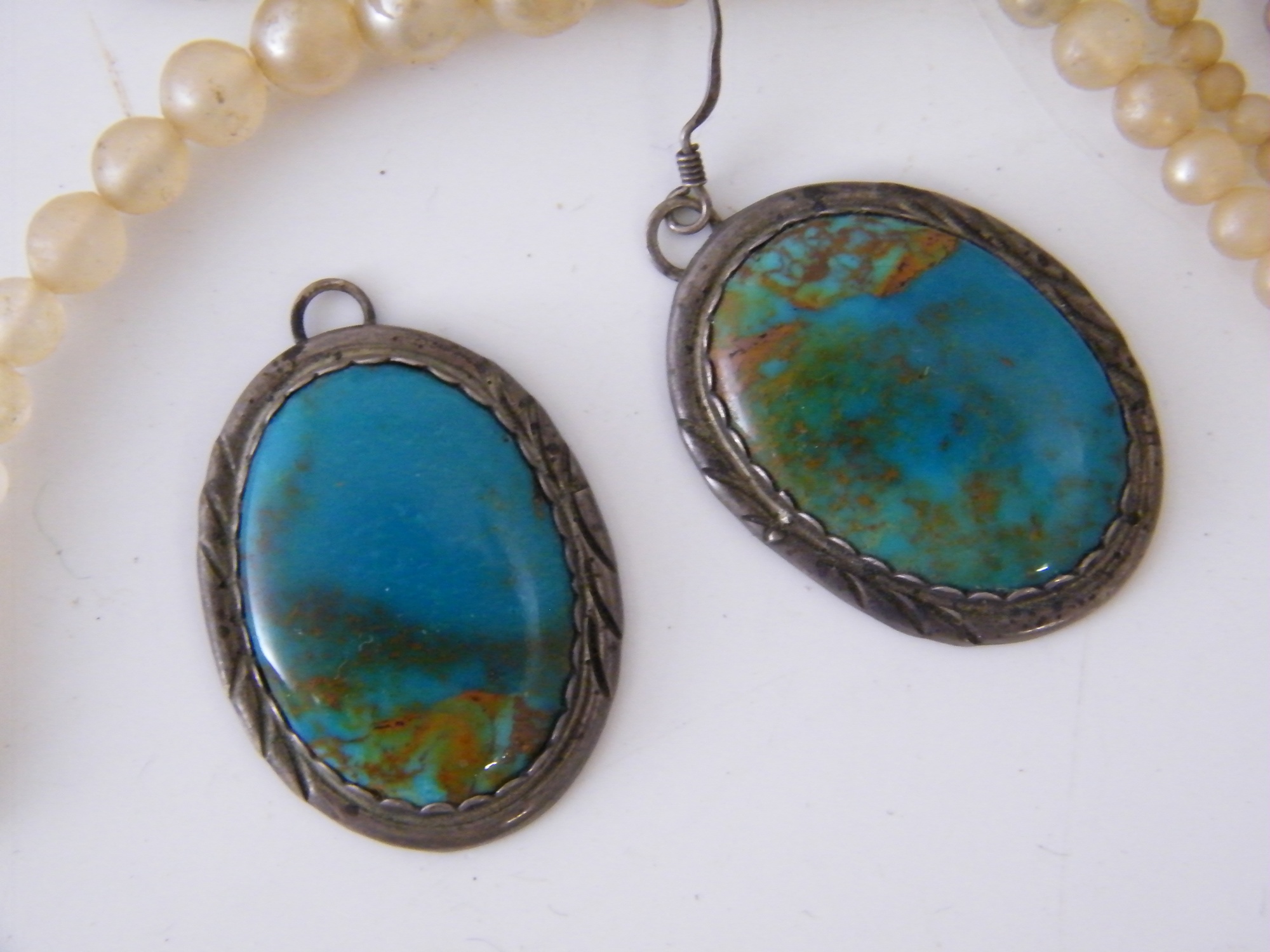 Sterling and Turquoise Earrings, Faux Pearls