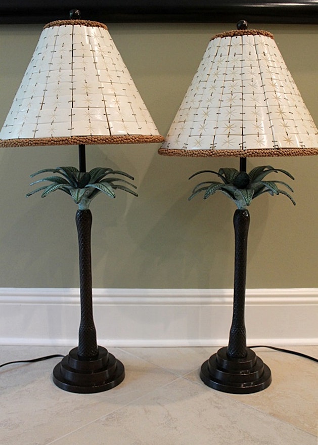 Pair of Exotic Bombay Company Palm Tree Lamps with Unique Tile Lamp Shades