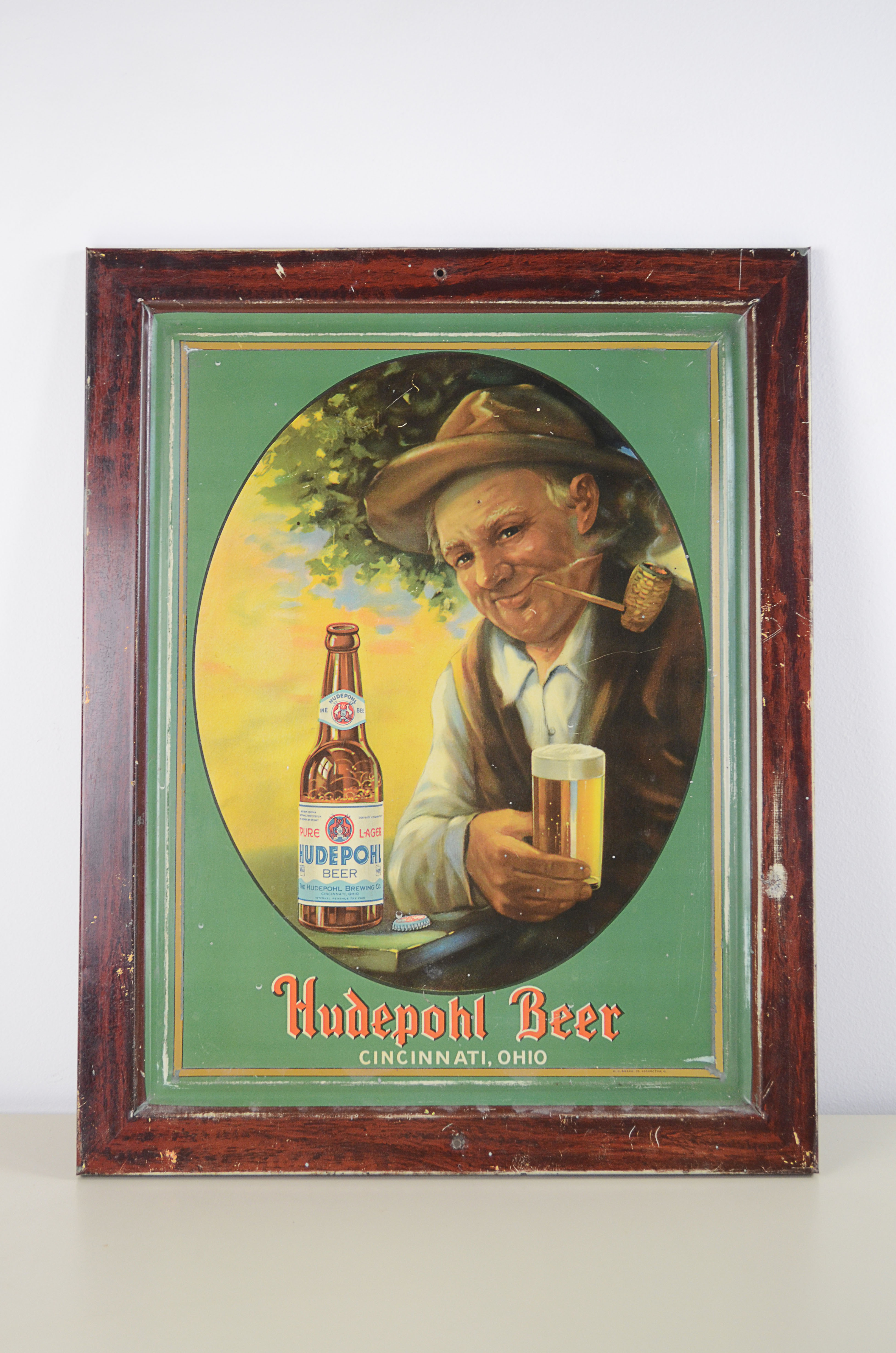 Vintage Hudepohl Lager Beer Self Framed Tin Sign.