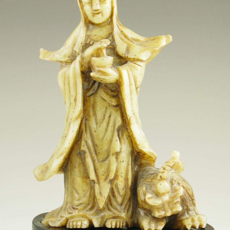 Composite Jade Kwan Yin Statue with Fortune Foo Dog