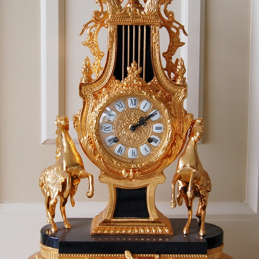 Empire Style Black Marble and Gilt Mantel Clock