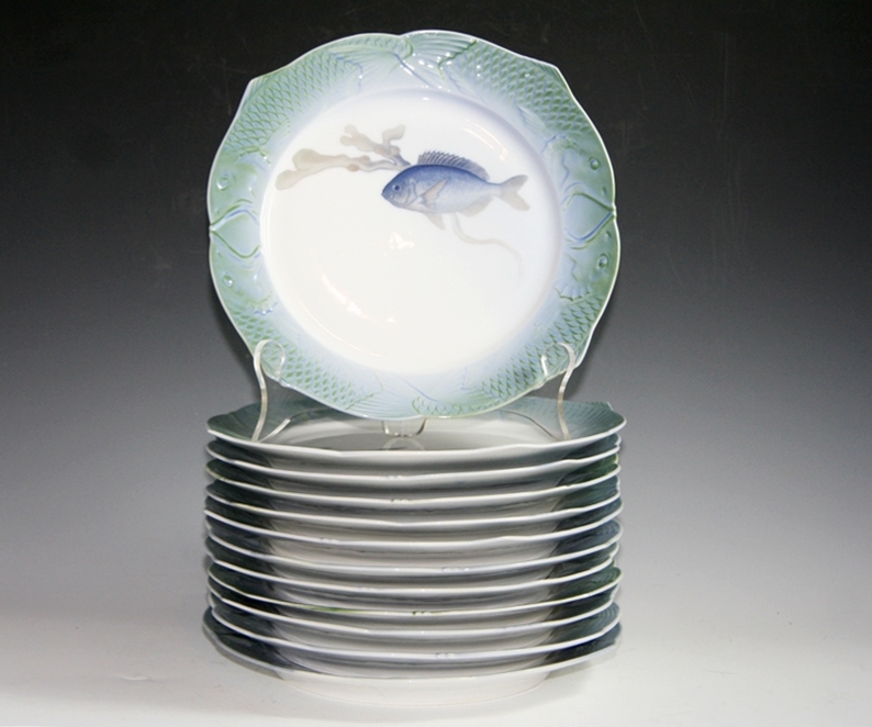 Royal Copenhagen "Fish Service - Blue Border" China Luncheon Plates