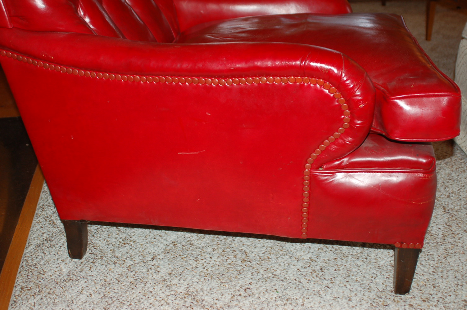 Red Leather Overstuffed Wing Chair