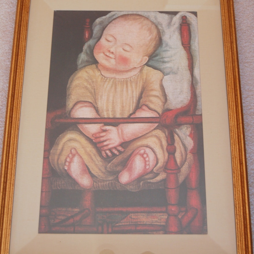 Folk Art Print Titled "Baby in Red Chair"