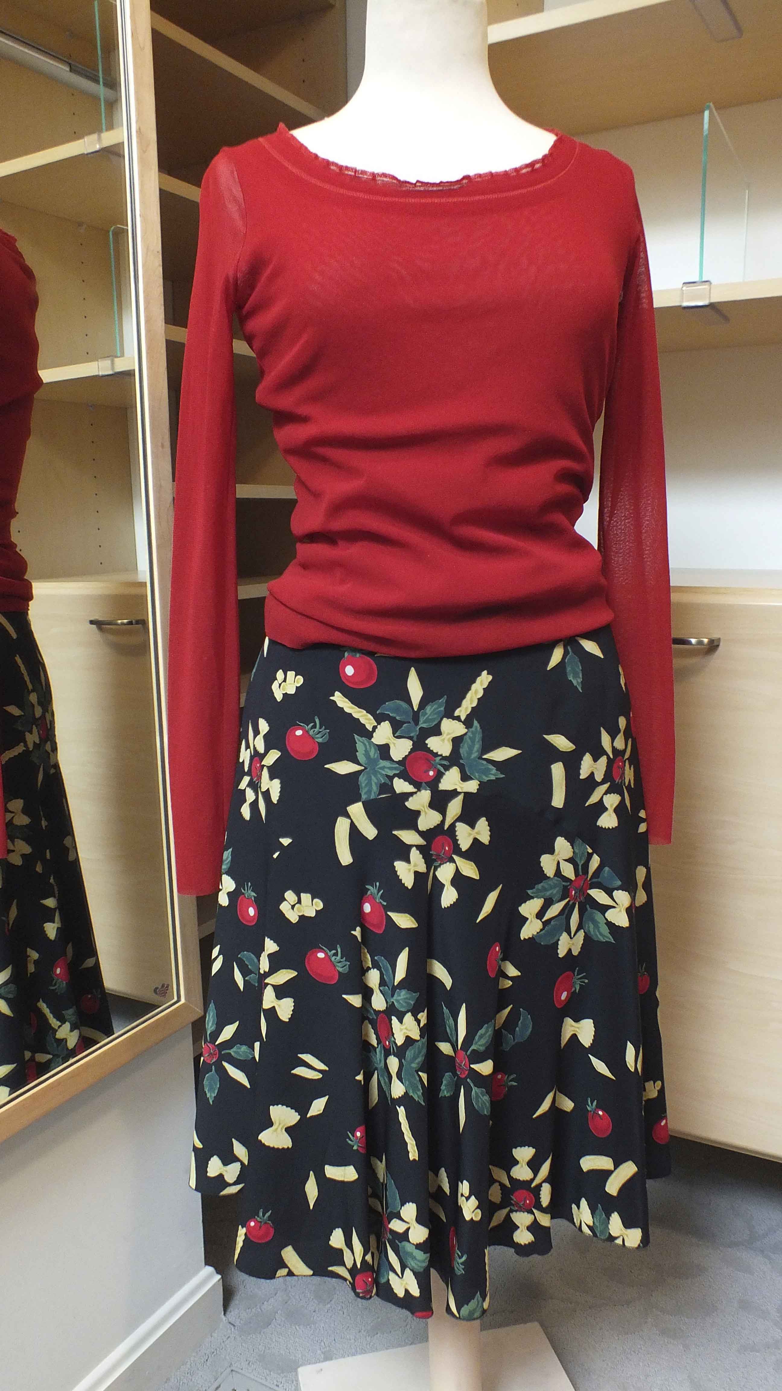 Moschino "Pasta" Silk Skirt and Fuzzi  Shirt