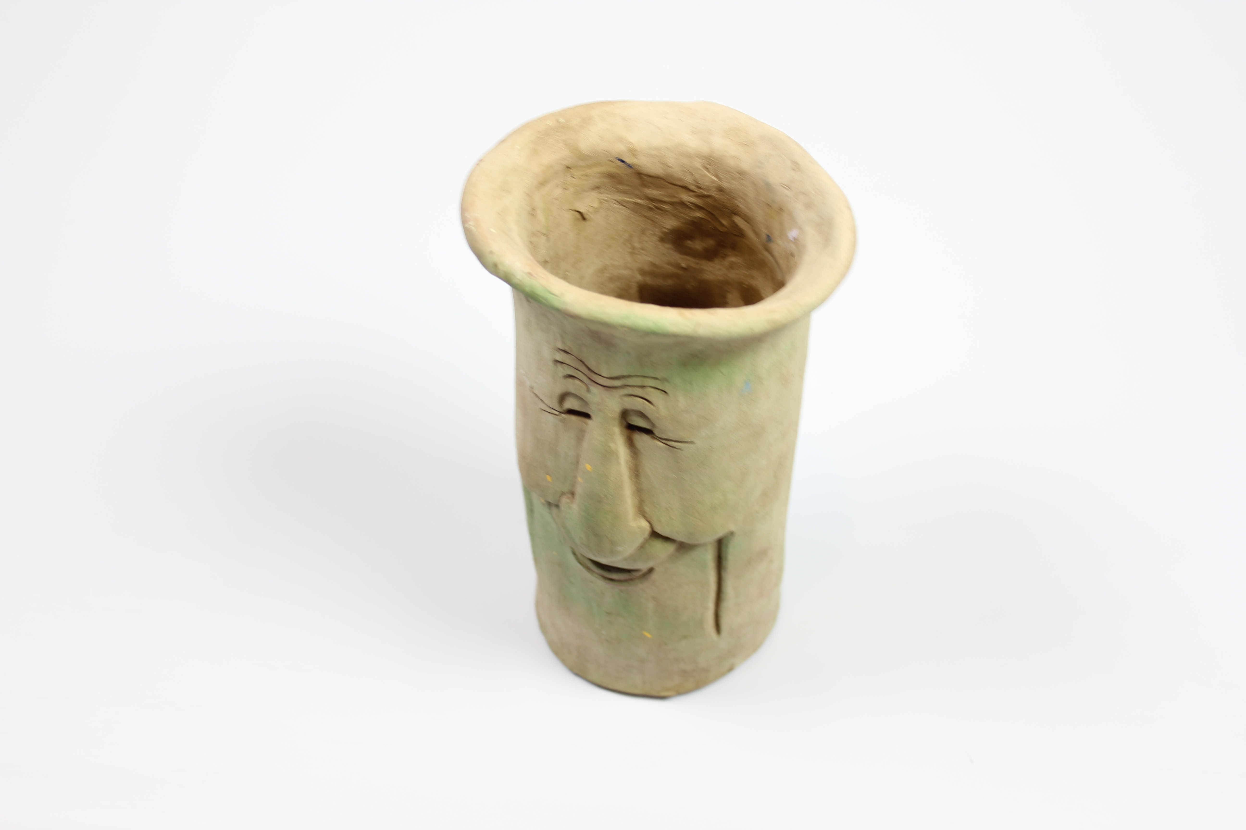 Original Sculpted Smiling Face Pottery Planter Signed