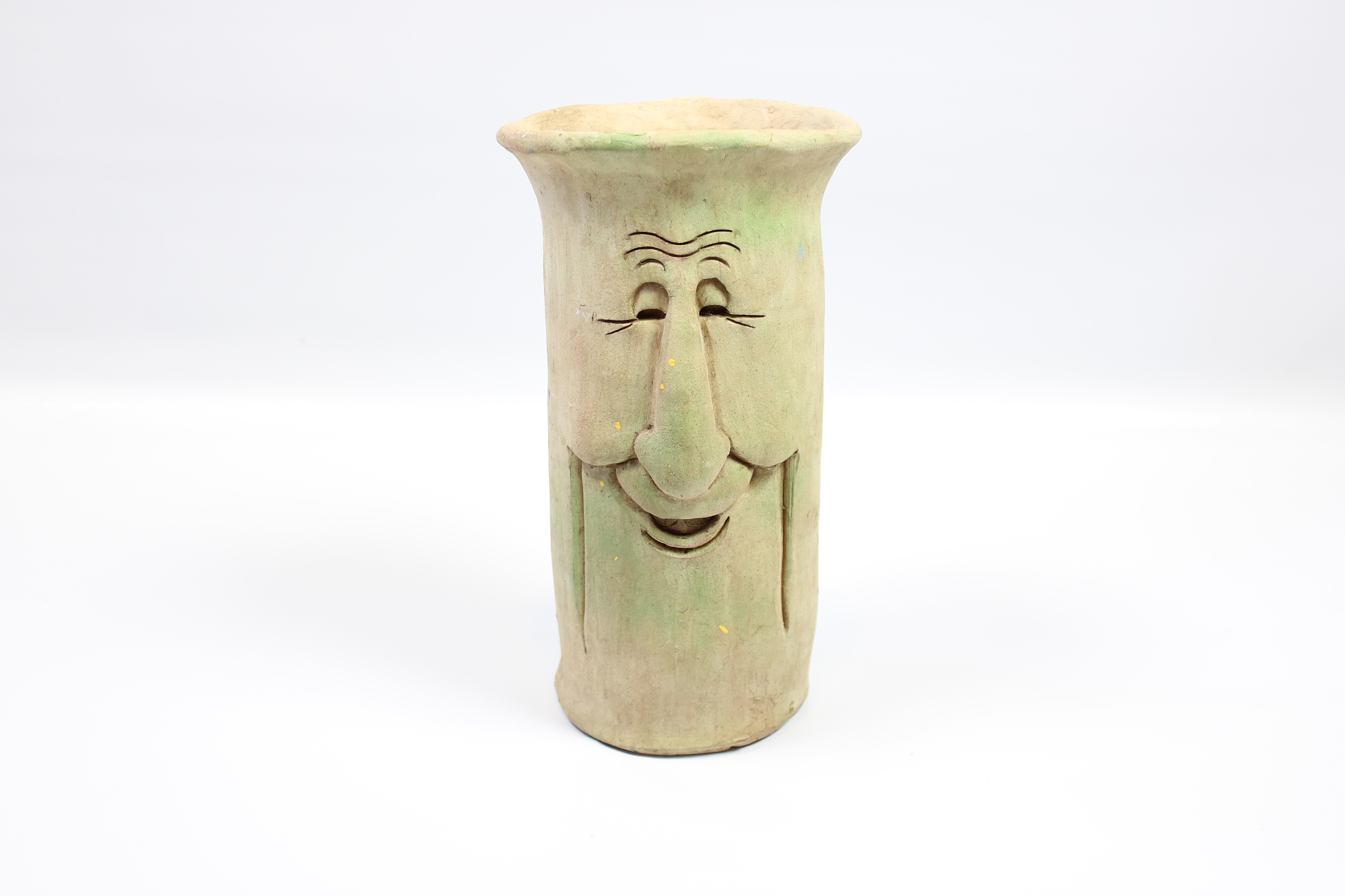 Original Sculpted Smiling Face Pottery Planter Signed