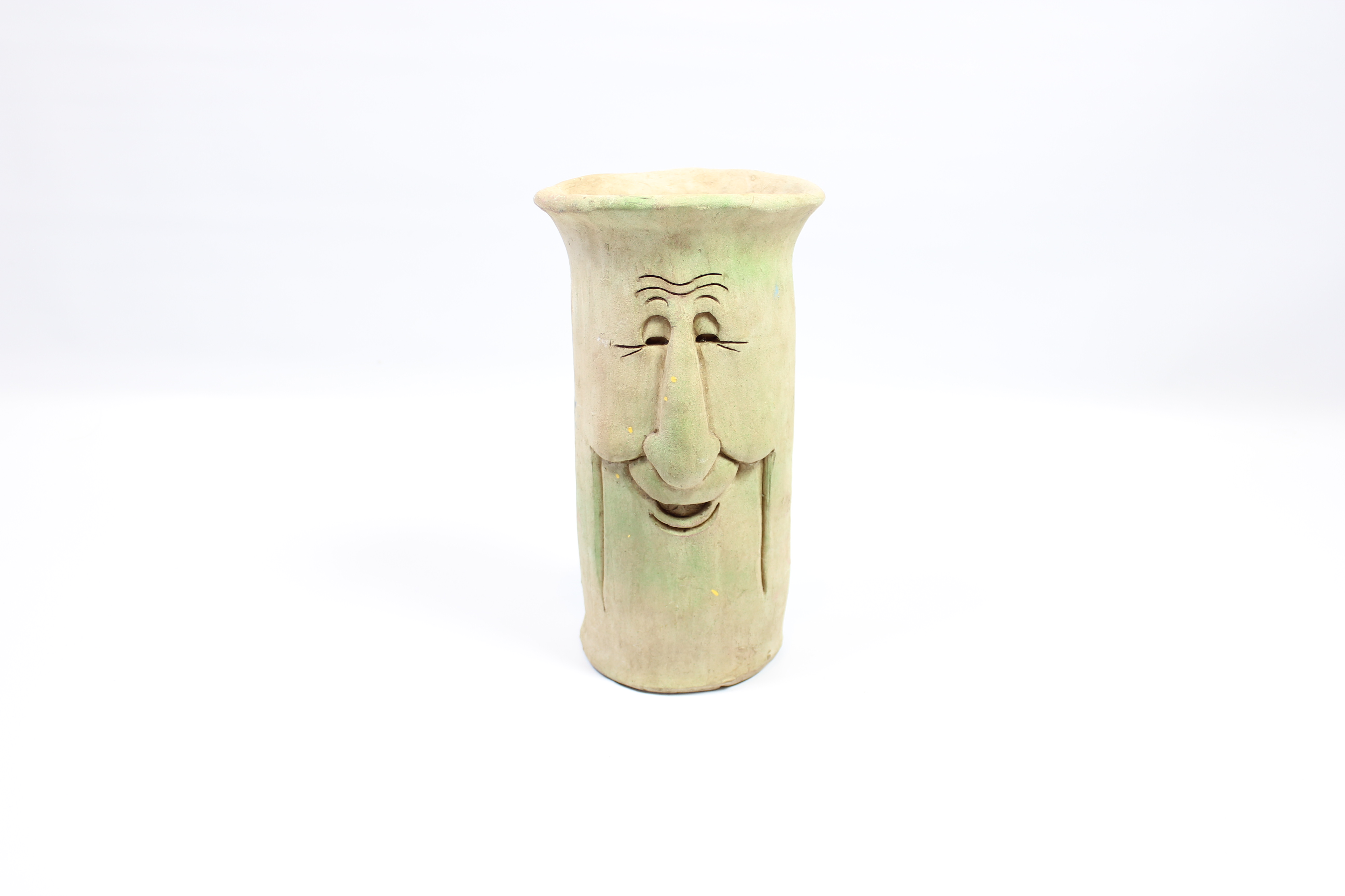 Original Sculpted Smiling Face Pottery Planter Signed