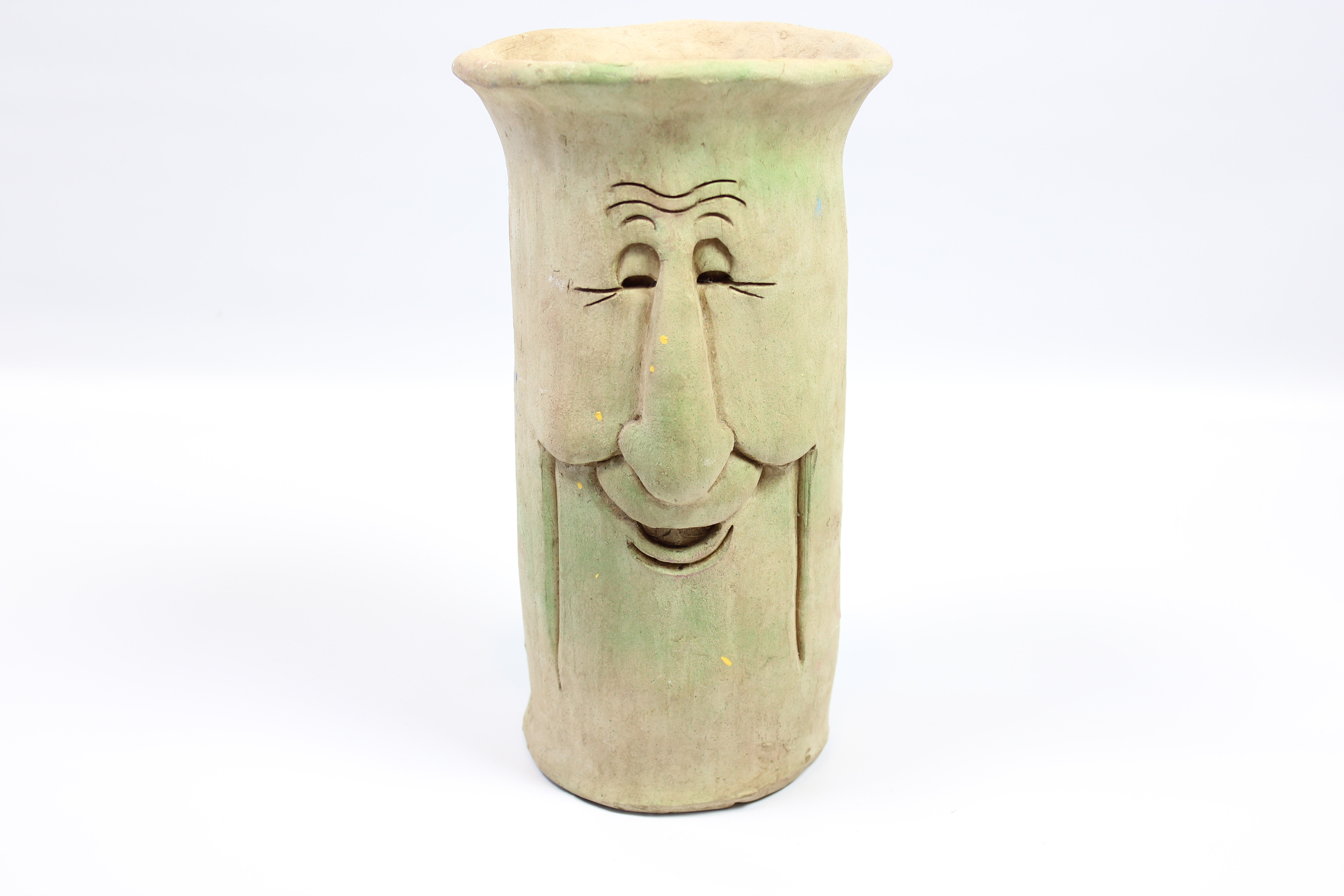 Original Sculpted Smiling Face Pottery Planter Signed