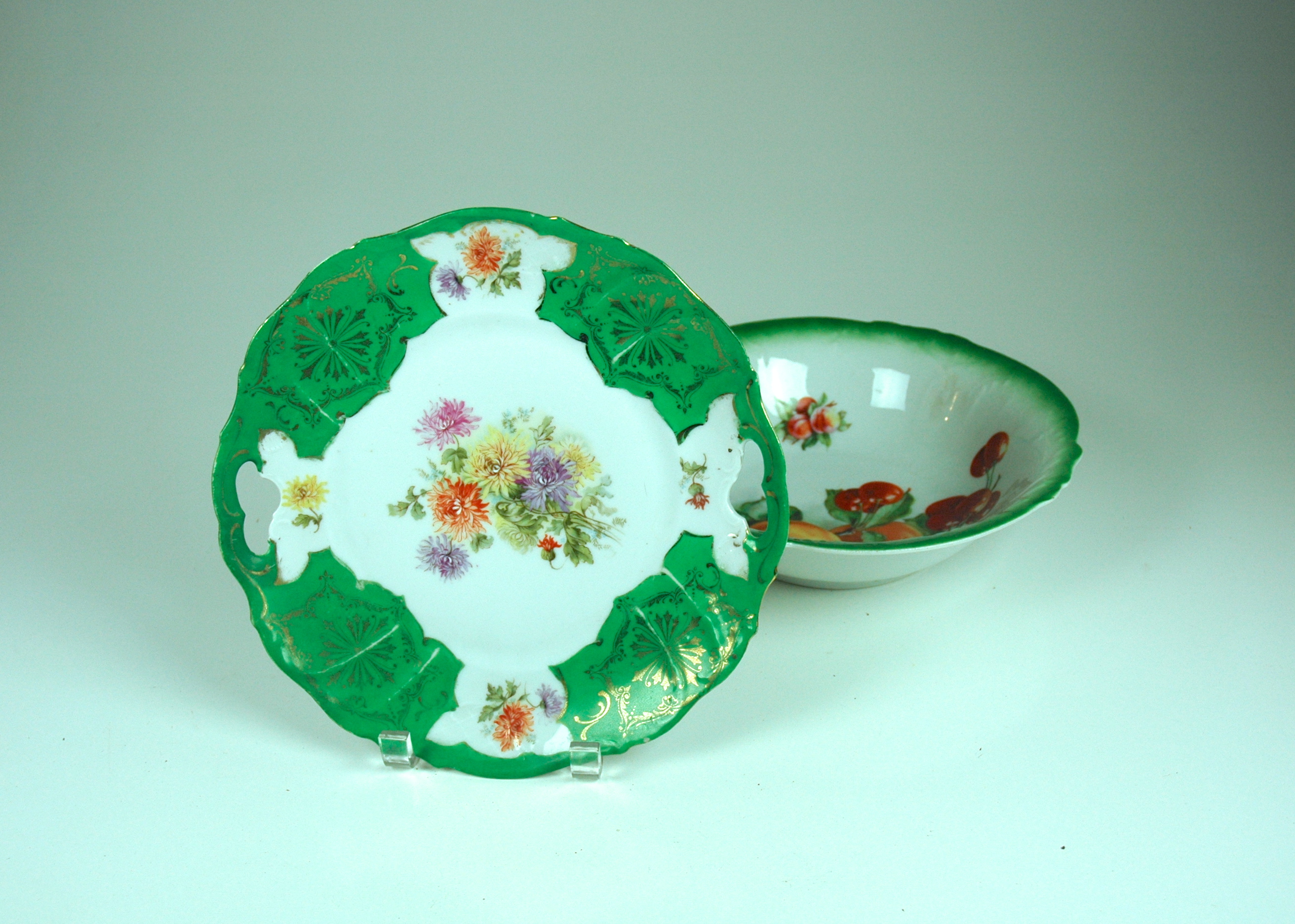 Royal Saxe E.S. Germany Green Floral Plate & Bavaria Fruit Bowl