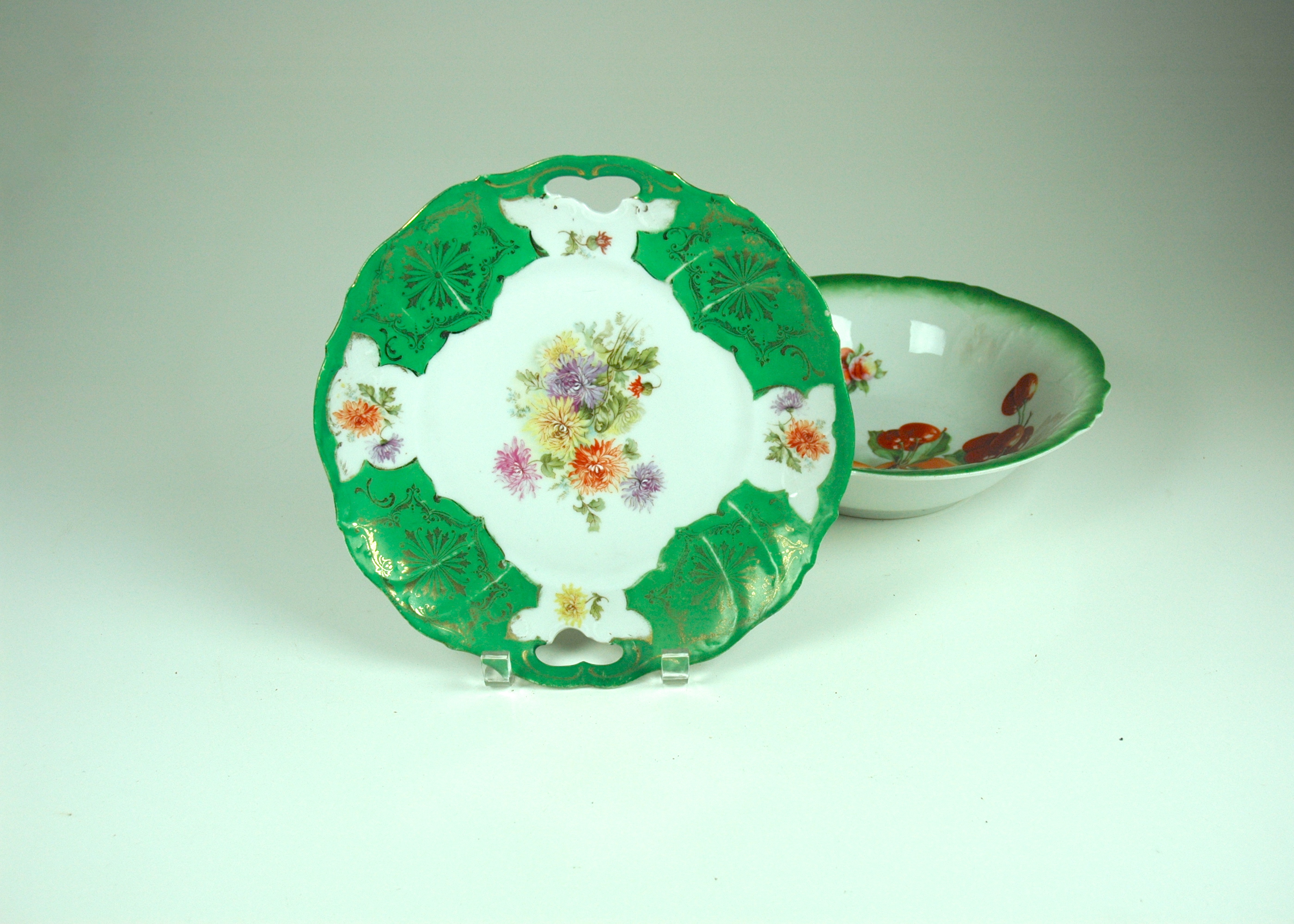 Royal Saxe E.S. Germany Green Floral Plate & Bavaria Fruit Bowl