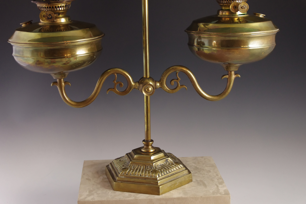 Antique English Double Light Brass Oil Lamp, with Green Glass Shades