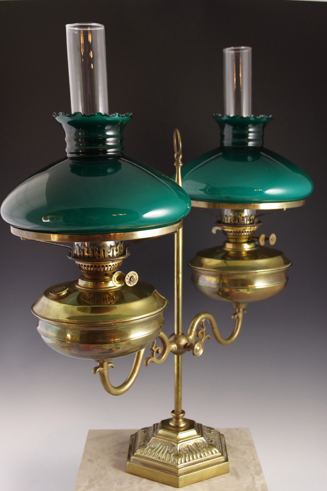 Antique English Double Light Brass Oil Lamp, with Green Glass Shades