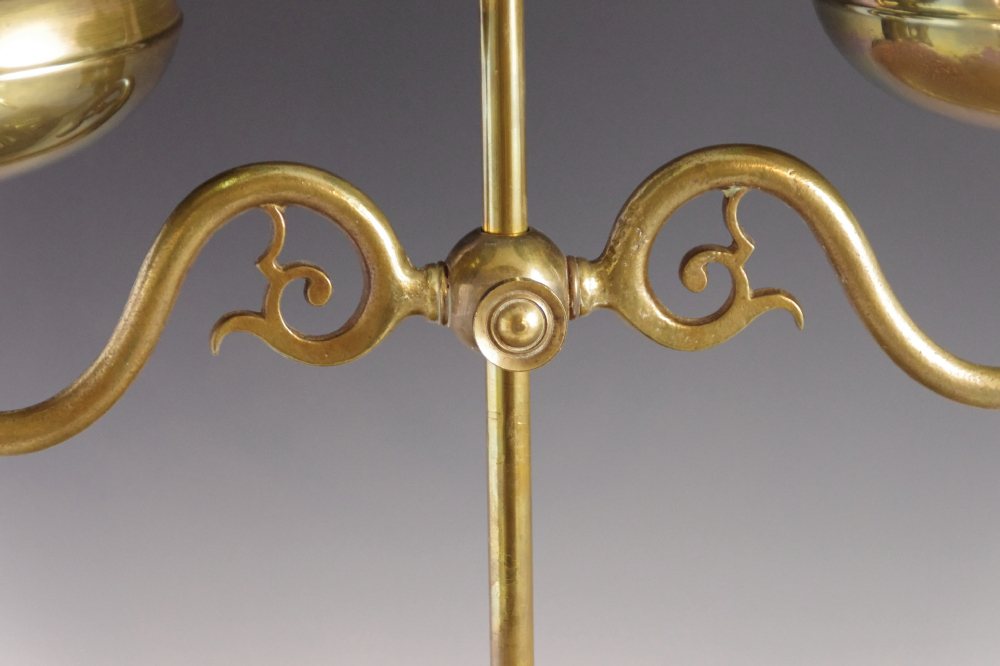 Antique English Double Light Brass Oil Lamp, with Green Glass Shades