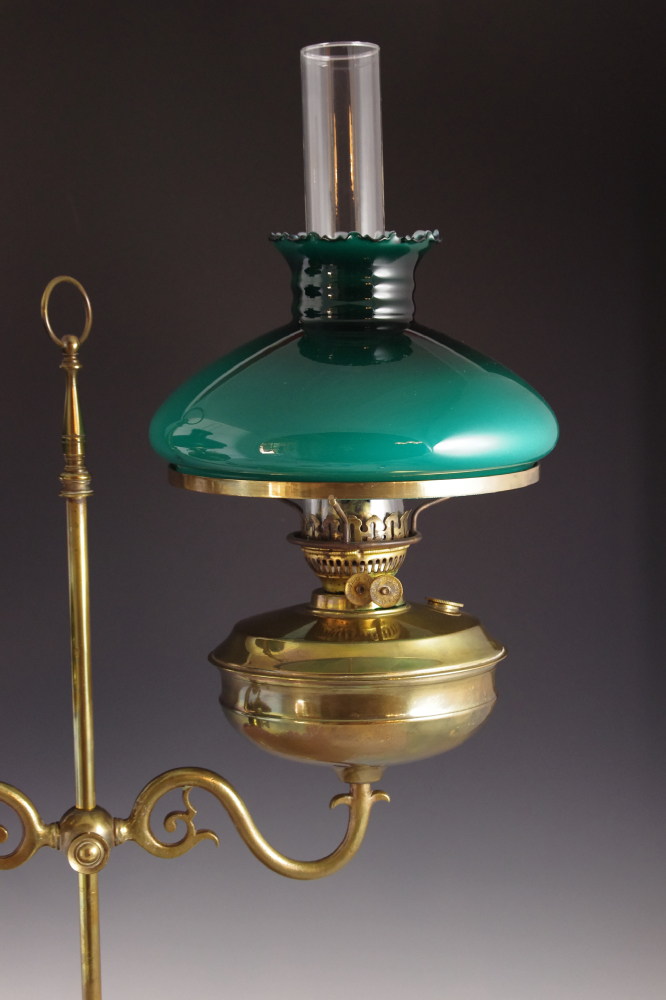 Antique English Double Light Brass Oil Lamp, with Green Glass Shades
