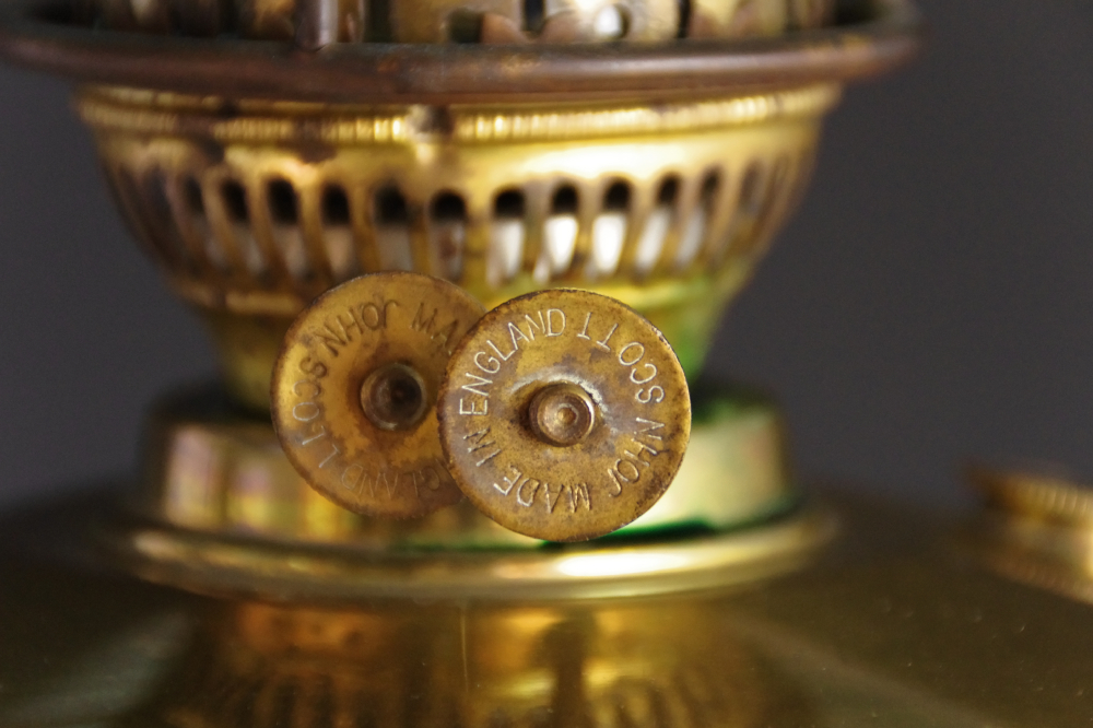 Antique English Double Light Brass Oil Lamp, with Green Glass Shades