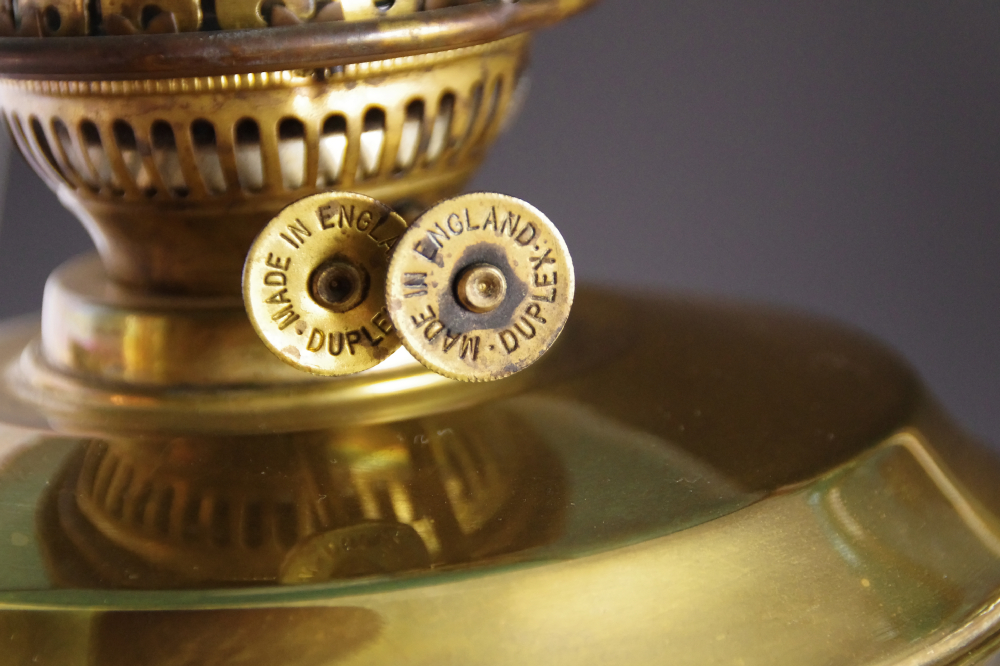 Antique English Double Light Brass Oil Lamp, with Green Glass Shades