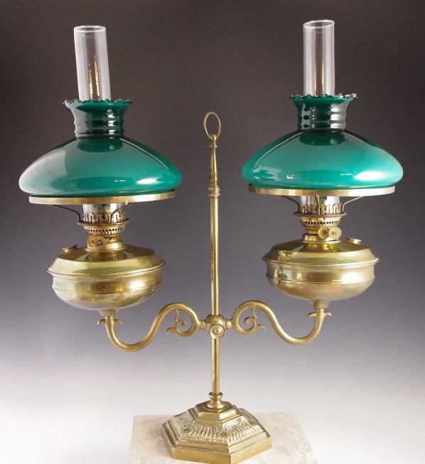 Antique English Double Light Brass Oil Lamp, with Green Glass Shades