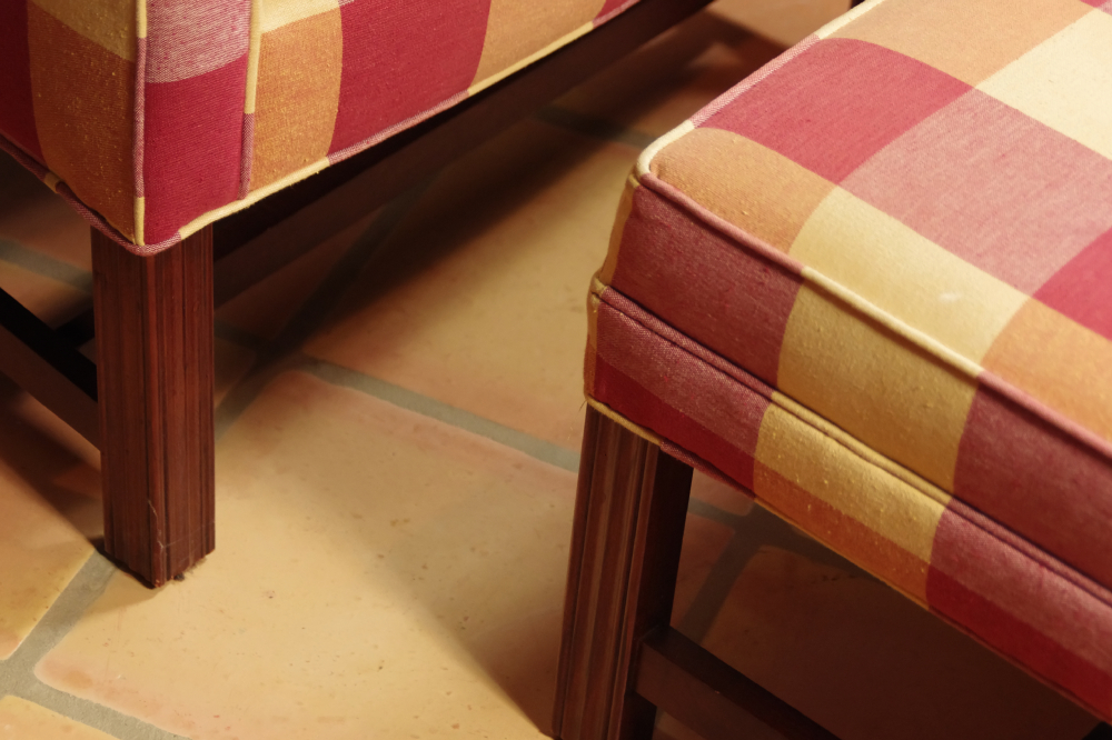 Wing Back Chair and Ottoman, with Red and Cream Plaid Upholstery