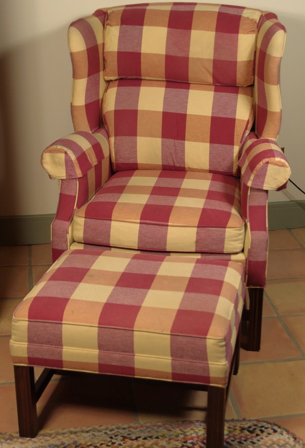 Wing Back Chair and Ottoman, with Red and Cream Plaid Upholstery