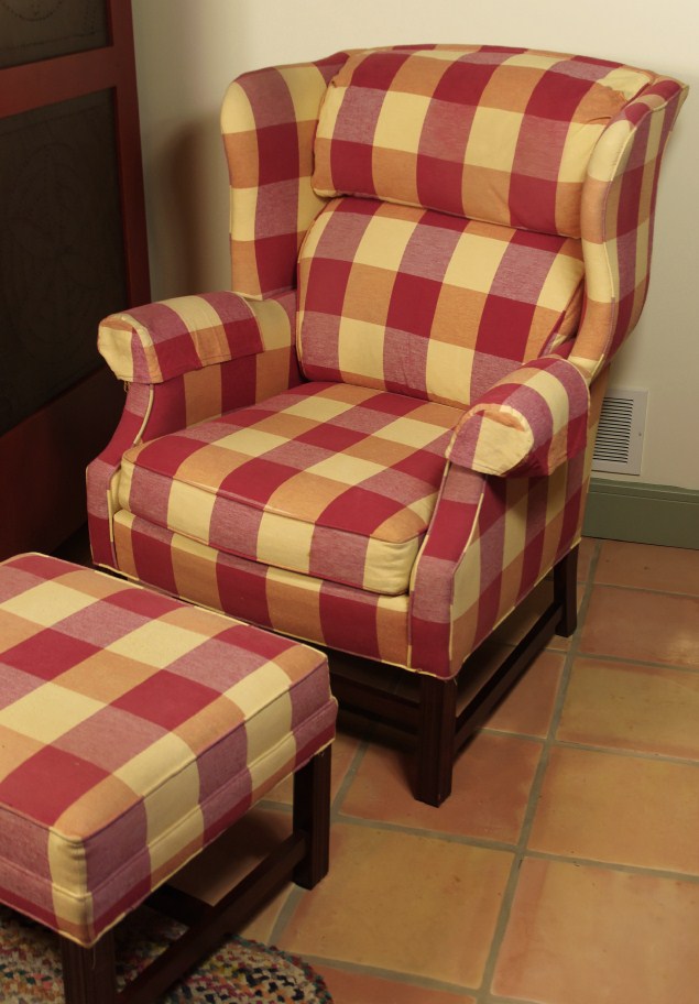 Wing Back Chair and Ottoman, with Red and Cream Plaid Upholstery