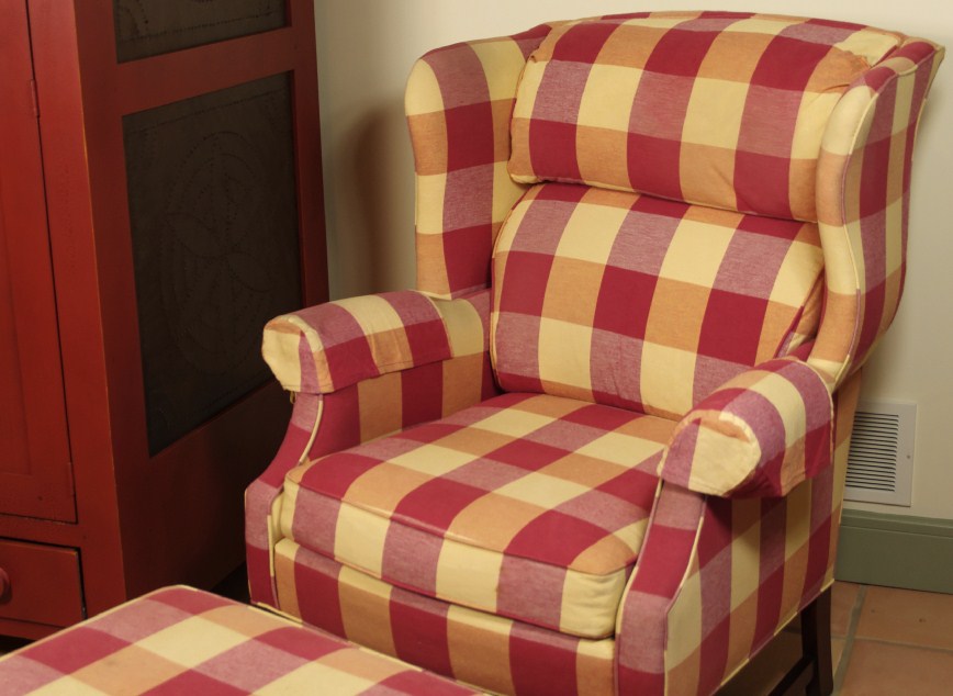 Wing Back Chair and Ottoman, with Red and Cream Plaid Upholstery